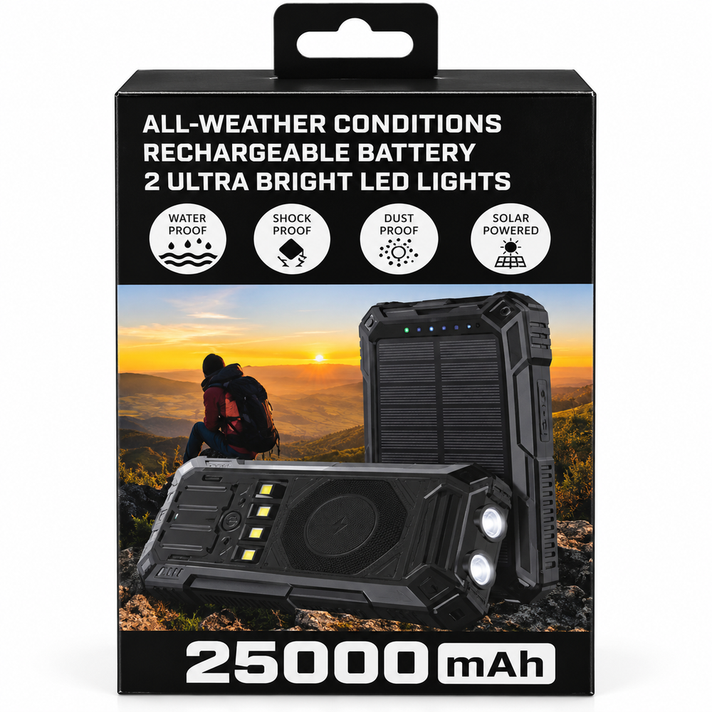 All-Weather Solar Power Bank 25000mAh w/ 2 LED Lights