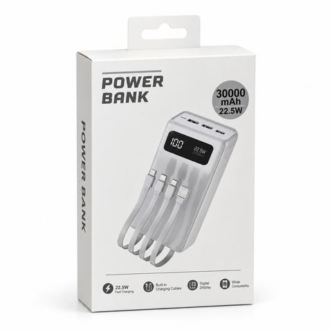 Power Bank 30000mAh w/ 3 Built-in Cables (white box)
