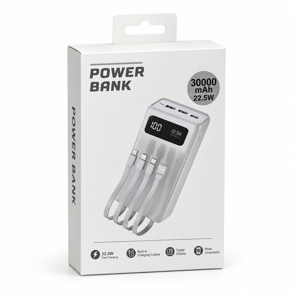 Power Bank 30000mAh w/ 3 Built-in Cables (white box)